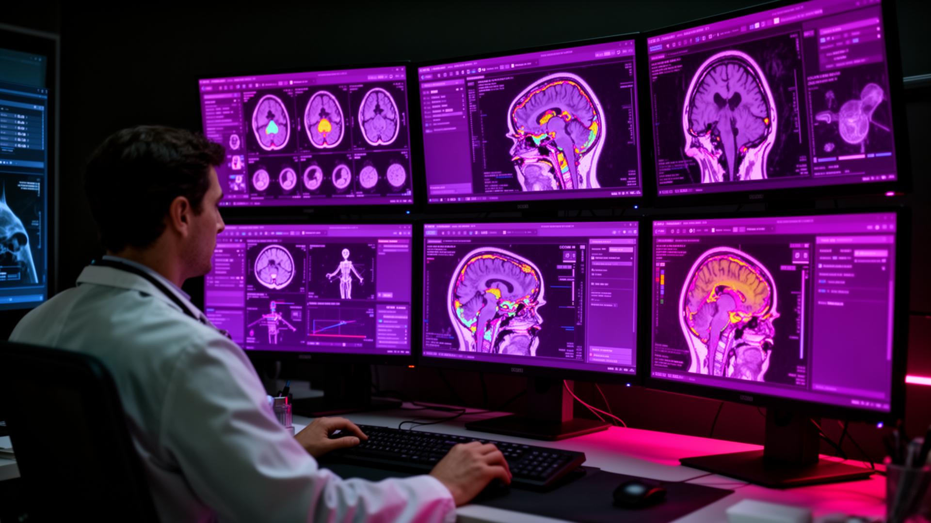 Radiologist reviewing AI-enhanced DICOM imaging on RIACS PACS